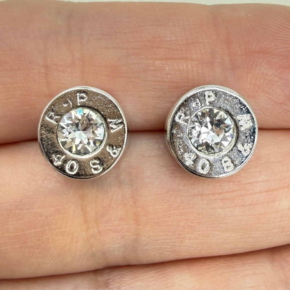 Silver Tone Bullet Casing Stud Earrings with Clear Crystal Accents